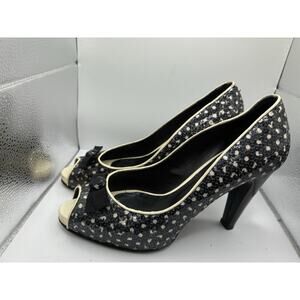 Grey Mer Sequin Peep Toe Heels EU 38.5 US 8 Made in Italy Bow Pumps Black Cream